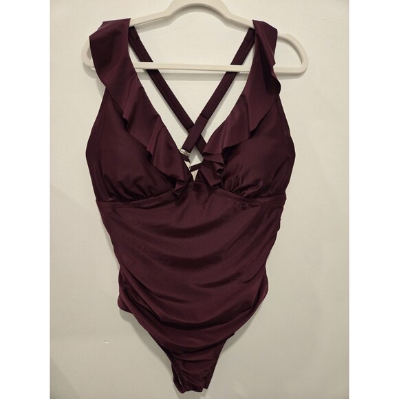 Kona Sol Purple Ruffle One Piece Swim Suit 18W Plus - Picture 12 of 13